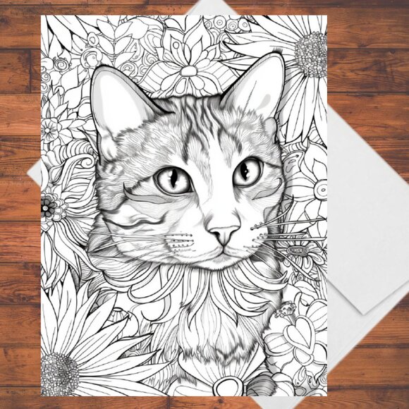 8 Cats in Flowers Coloring Cards Kit: 5x7 Handmade DIY Greeting Cards Envelopes - Picture 4 of 9